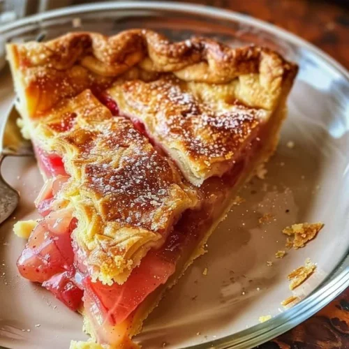Delicious Rhubarb Custard Pie with tart rhubarb and creamy custard filling.