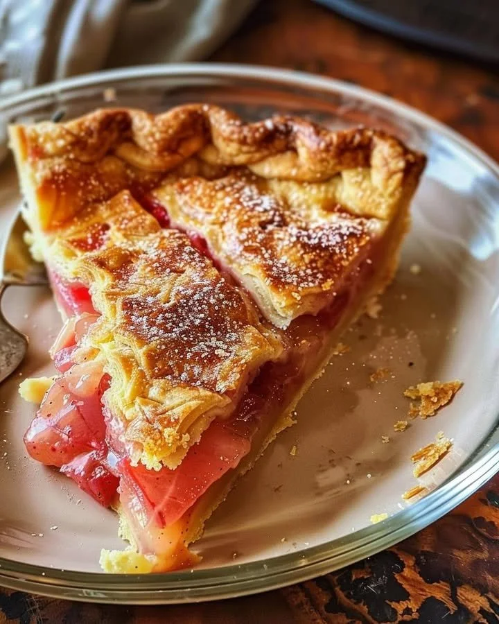 Delicious Rhubarb Custard Pie with tart rhubarb and creamy custard filling.