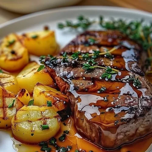 Delicious ribeye steak served with creamy cheesy scalloped potatoes.