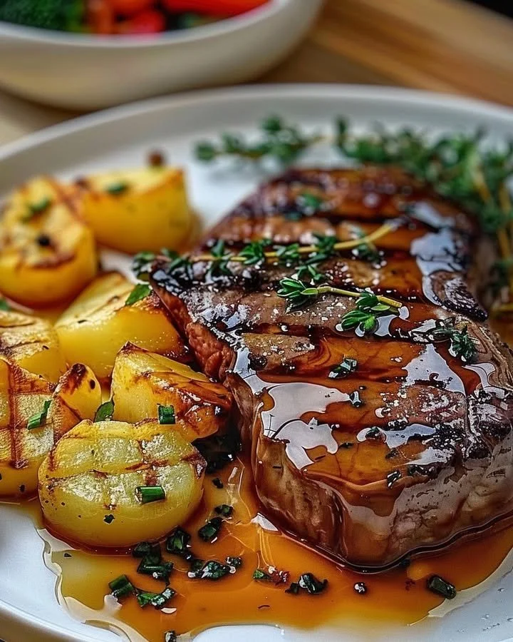 Delicious ribeye steak served with creamy cheesy scalloped potatoes.