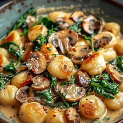 Delicious rich and creamy spinach mushroom gnocchi served in a bowl