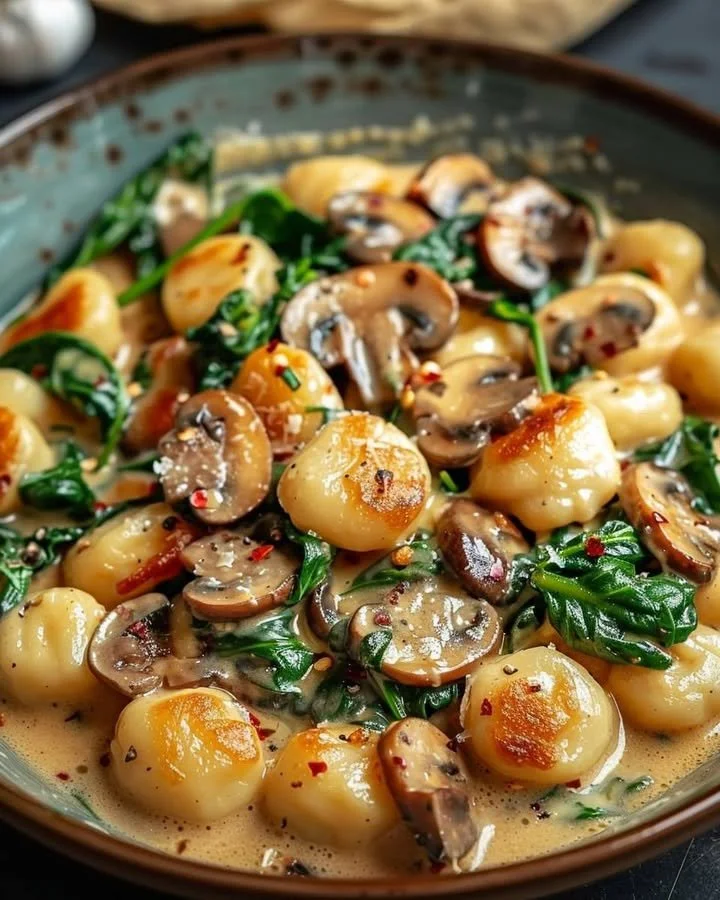 Delicious rich and creamy spinach mushroom gnocchi served in a bowl