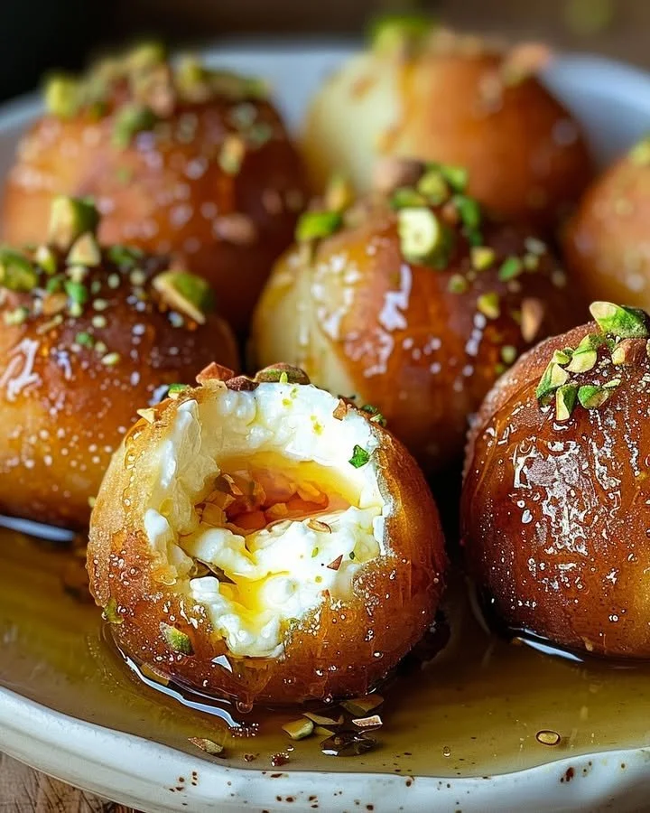 Delicious Ricotta Pistachio Honey Bites garnished with nuts