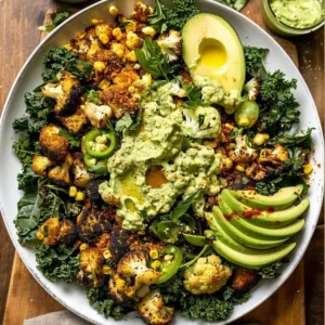 Roasted blackened cauliflower and colorful veggie salad served in a bowl