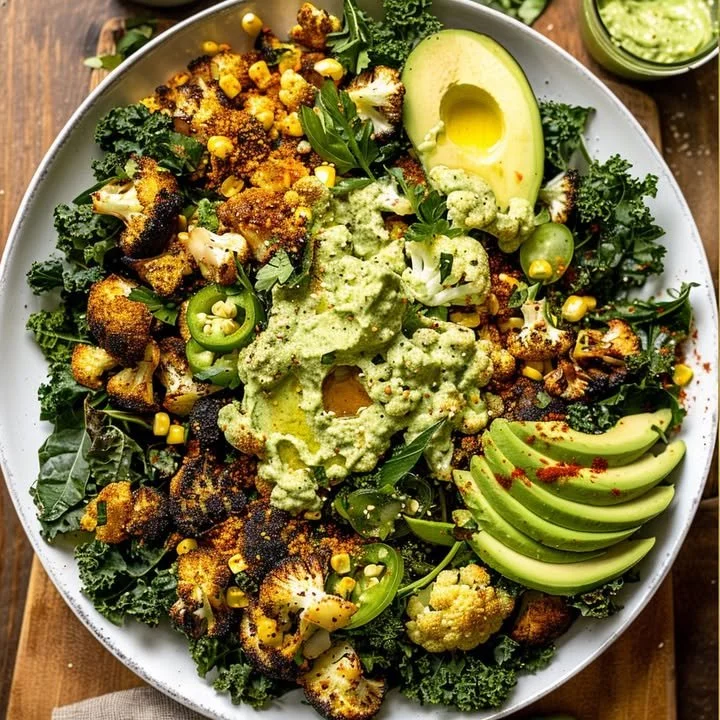 Roasted blackened cauliflower and colorful veggie salad served in a bowl
