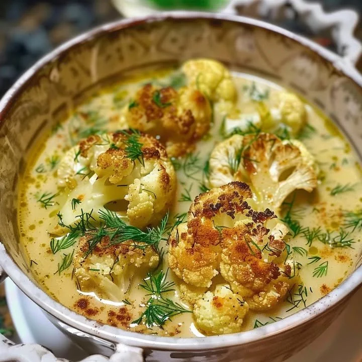 Delicious bowl of roasted cauliflower and dill soup garnished with fresh herbs