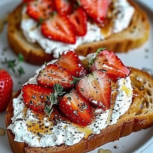 Roasted strawberry toast topped with whipped ricotta and fresh strawberries