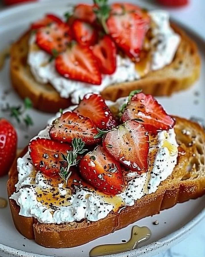 Roasted strawberry toast topped with whipped ricotta and fresh strawberries