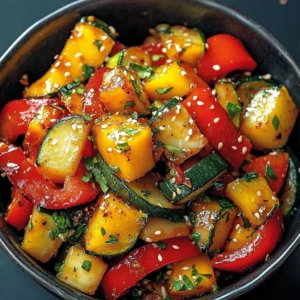 A colorful roasted vegetable quinoa bowl garnished with fresh herbs.