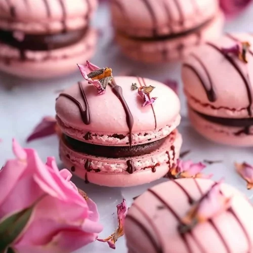 Rose dark chocolate flavored macarons on a decorative plate