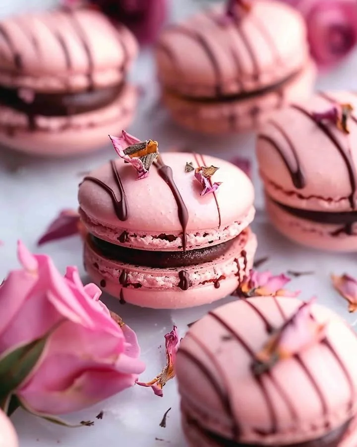 Rose dark chocolate flavored macarons on a decorative plate