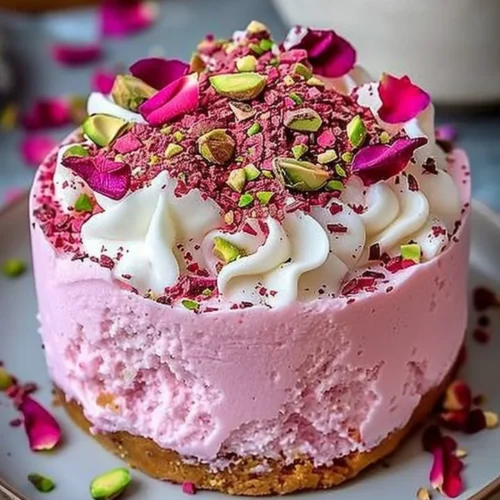 Delicious slice of rose milk cake with decorative rose petals.