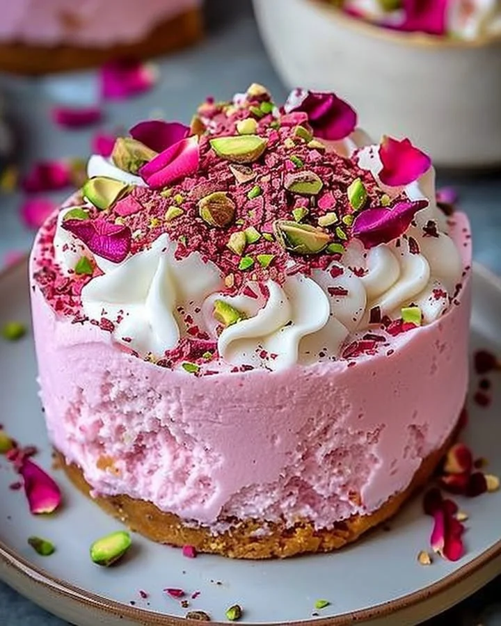 Delicious slice of rose milk cake with decorative rose petals.