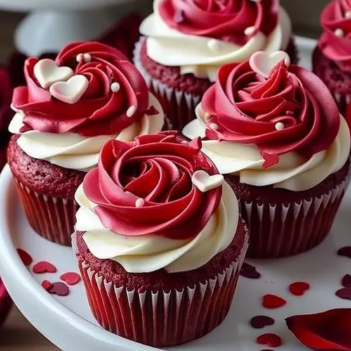 Delicious rose red velvet cupcakes with cream cheese frosting