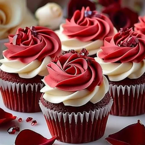 Delicious Rose Red Velvet Cupcakes with creamy frosting and floral decor.
