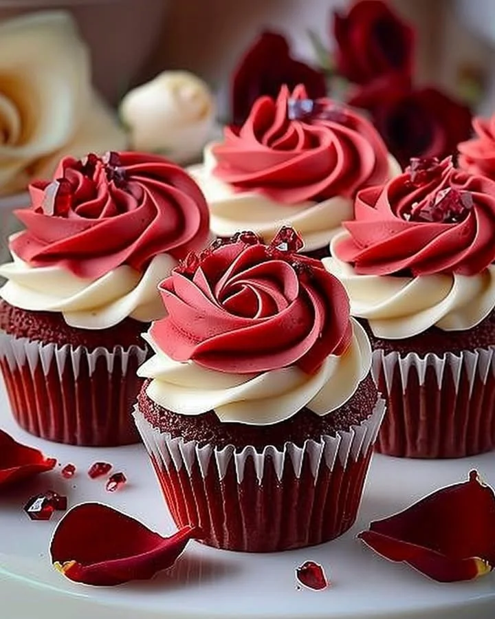 Delicious Rose Red Velvet Cupcakes with creamy frosting and floral decor.