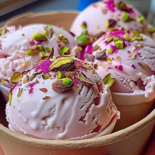 Delicious Rosewater Pistachio Gelato dessert in a bowl