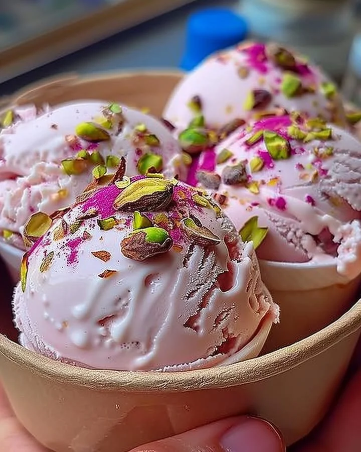 Delicious Rosewater Pistachio Gelato dessert in a bowl