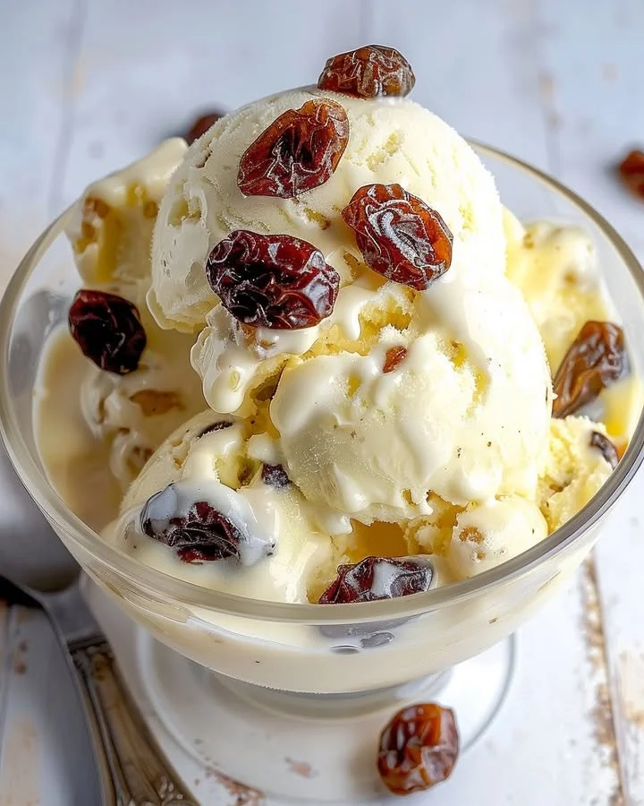 Creamy rum raisin ice cream with raisins and rum flavor
