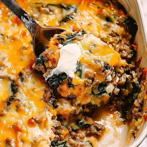Rustic Italian Beef and Spinach Bake topped with cheese in a casserole dish