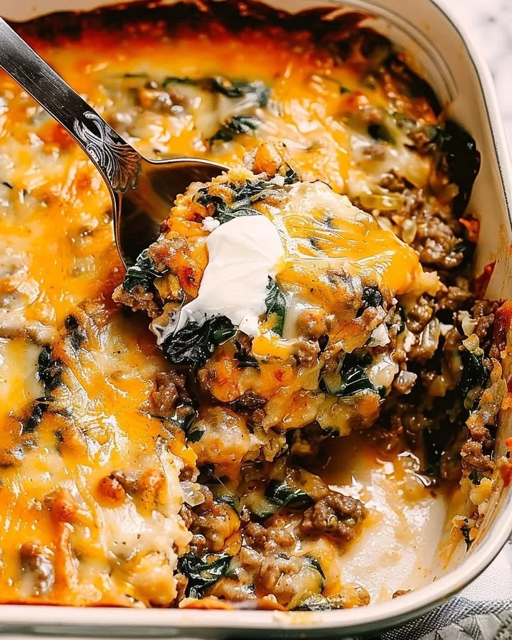 Rustic Italian Beef and Spinach Bake topped with cheese in a casserole dish