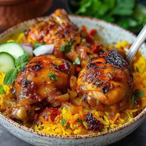 Saffron chicken with spicy barberry rice on a white plate garnished with herbs