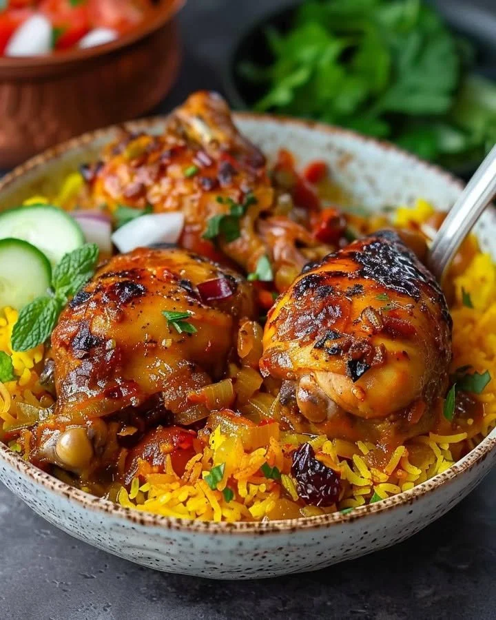 Saffron chicken with spicy barberry rice on a white plate garnished with herbs