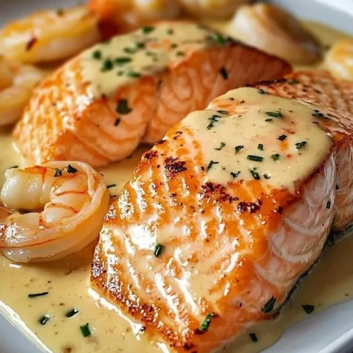 Plate of salmon and shrimp drizzled with creamy garlic sauce