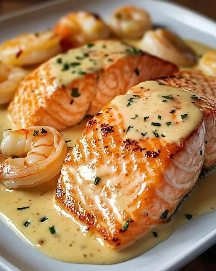 Plate of salmon and shrimp drizzled with creamy garlic sauce