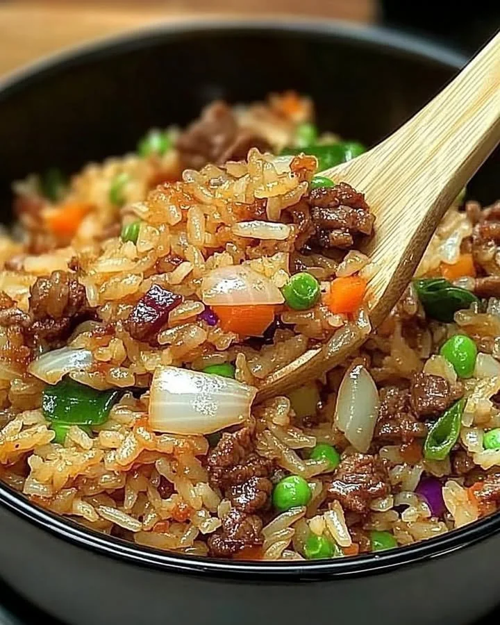 Savior Onion Beef Fried Rice served in a bowl with fresh herbs
