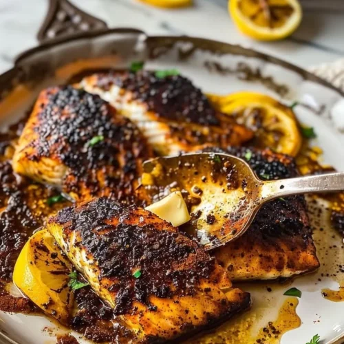 Plate of savory blackened cod seasoned with spices and herbs