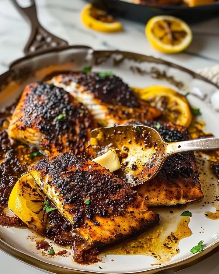 Plate of savory blackened cod seasoned with spices and herbs