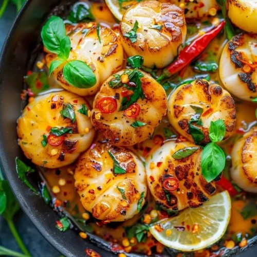 Scallops cooked with Thai basil and chili, a delicious seafood dish.