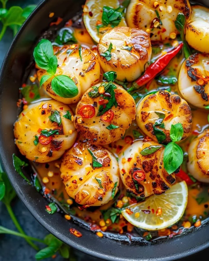 Scallops cooked with Thai basil and chili, a delicious seafood dish.