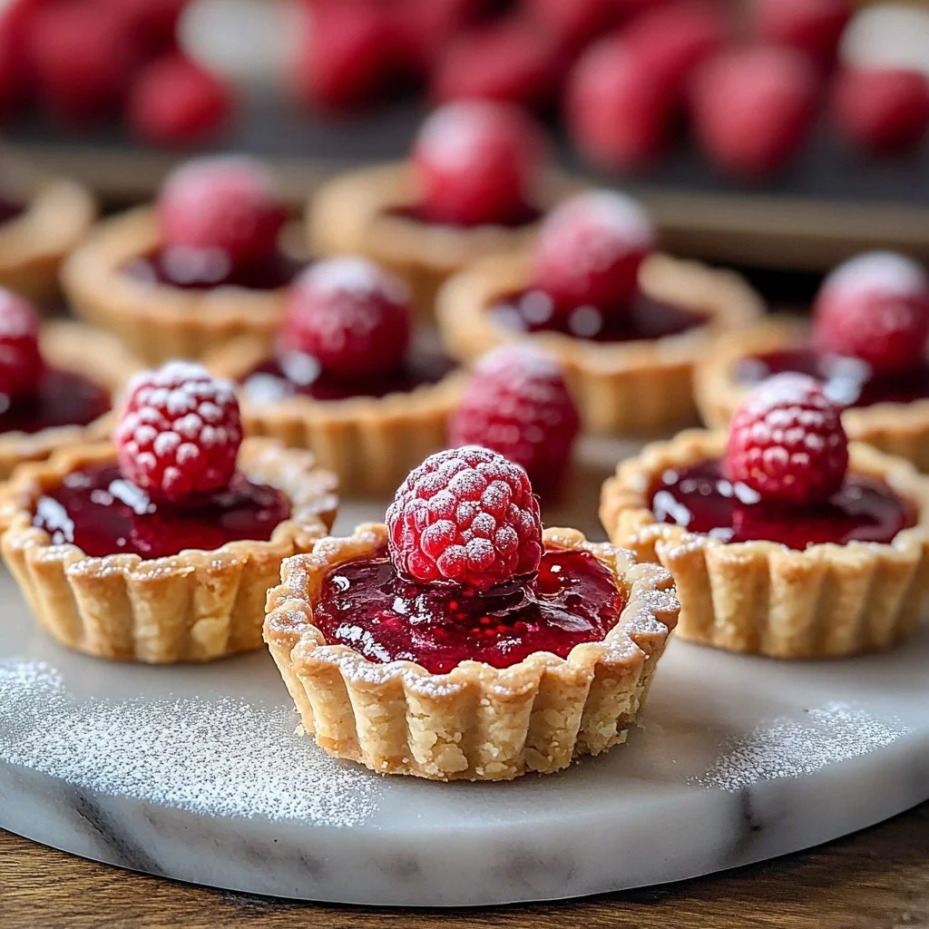Scandinavian raspberry jam shortbread tarts served on a wooden platter