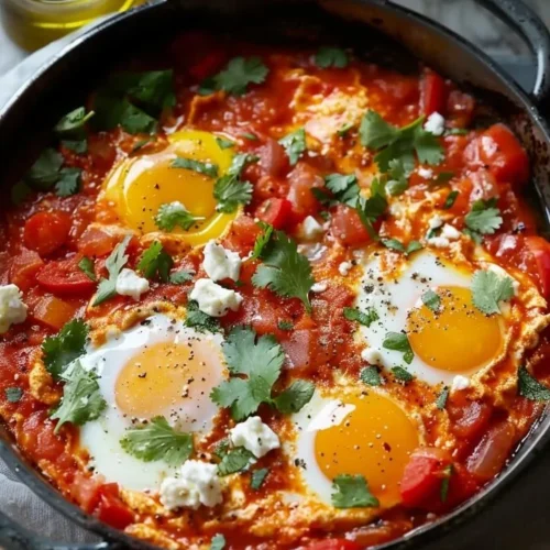 Shakshuka with feta served in a skillet, garnished with herbs.