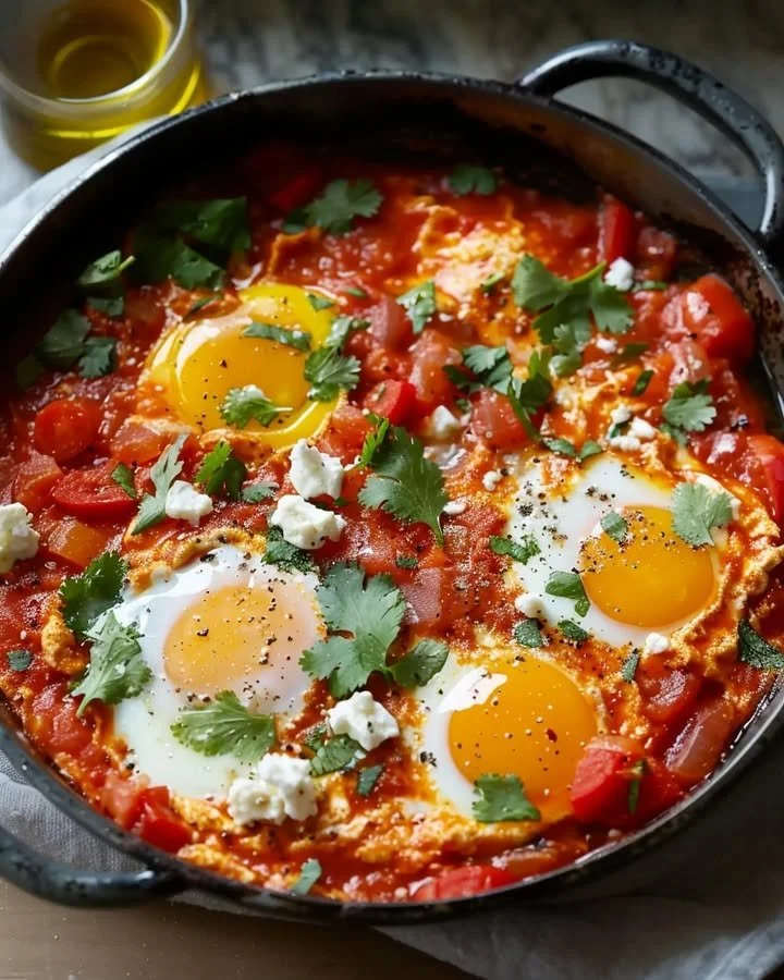 Shakshuka with feta served in a skillet, garnished with herbs.