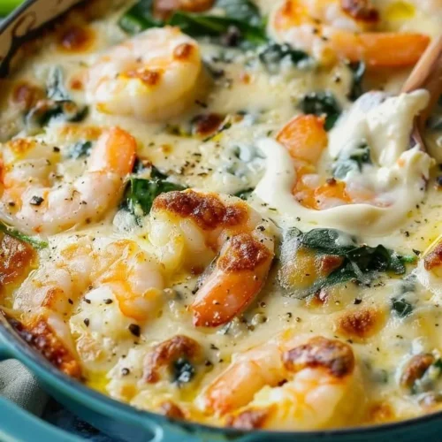 Shrimp and Spinach Cream Bake in a casserole dish, topped with crispy breadcrumbs.