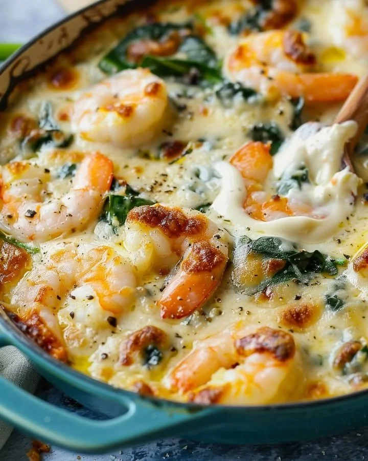 Shrimp and Spinach Cream Bake in a casserole dish, topped with crispy breadcrumbs.