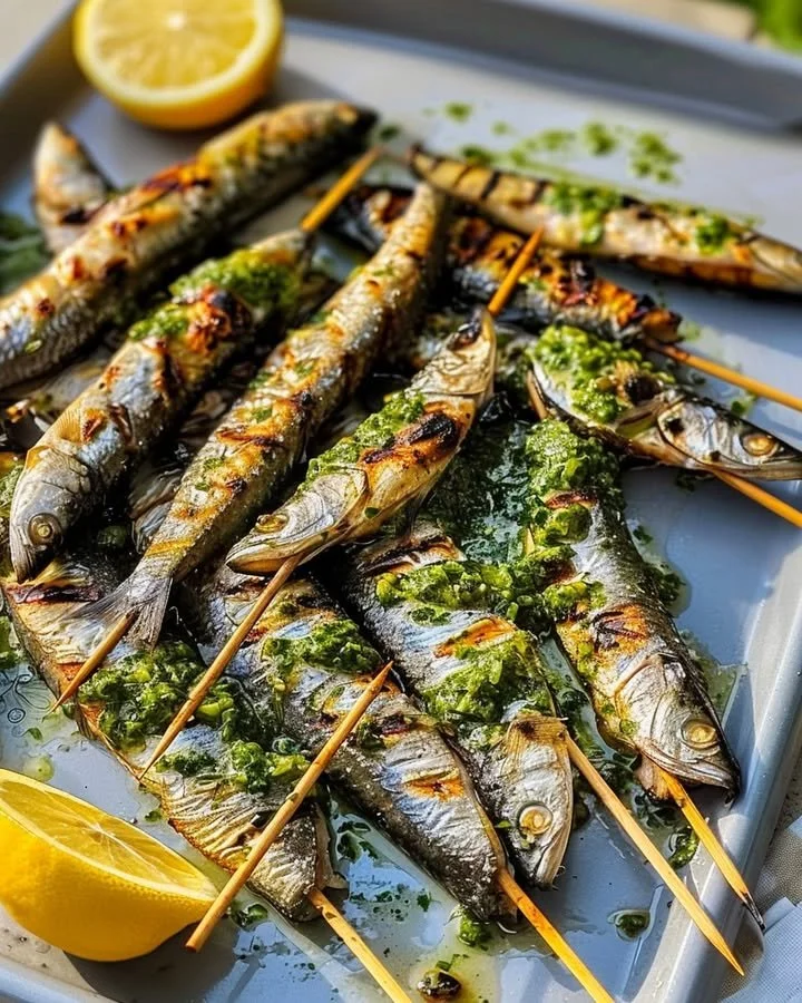 Deliciously grilled sardine skewers served on a wooden platter