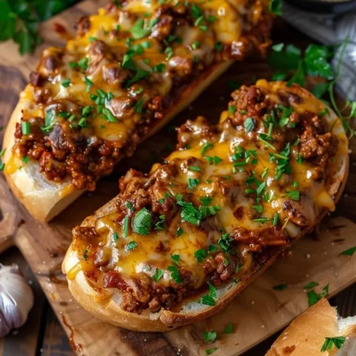 Delicious Sloppy Joe Garlic Bread topped with melted cheese and herbs