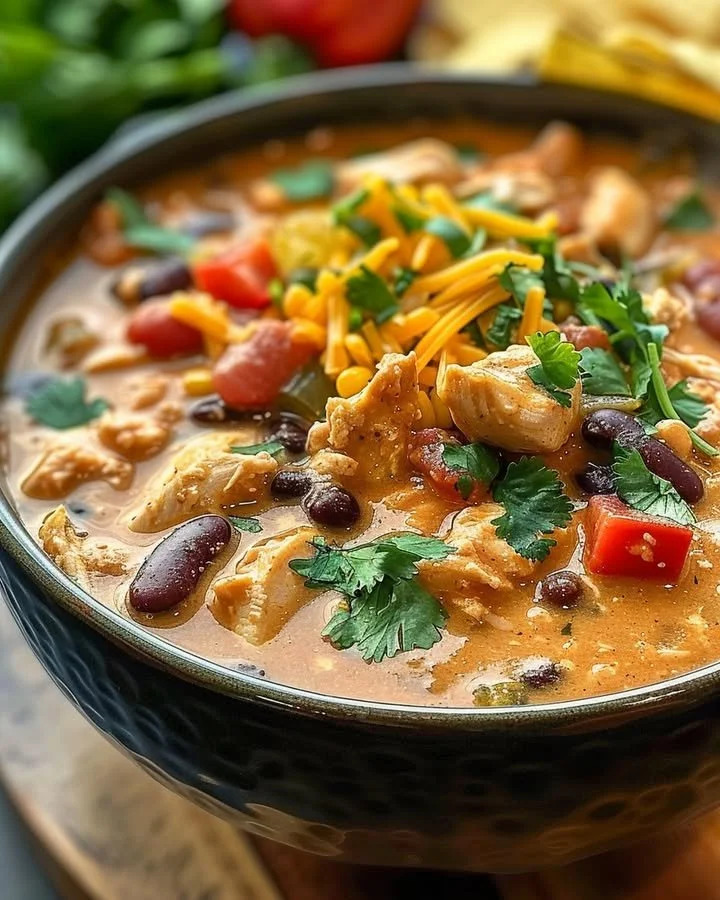 Bowl of creamy slow cooker crack chicken chili garnished with green onions