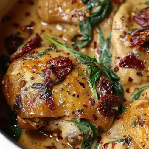 Slow Cooker Tuscan Chicken with herbs and vegetables in a bowl.