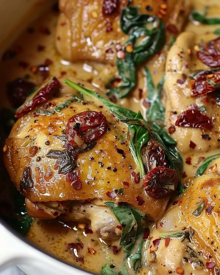 Slow Cooker Tuscan Chicken with herbs and vegetables in a bowl.