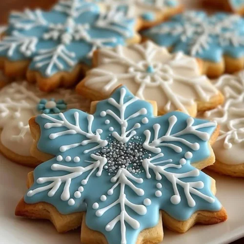 Beautifully decorated snowflake sugar cookies for holiday celebrations