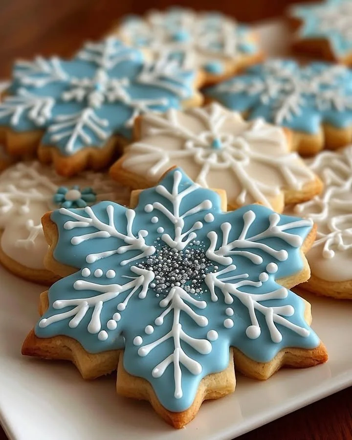 Beautifully decorated snowflake sugar cookies for holiday celebrations