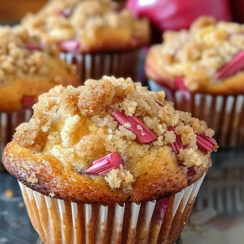 Soft and sweet rhubarb muffins with a cinnamon sugar topping on a cooling rack