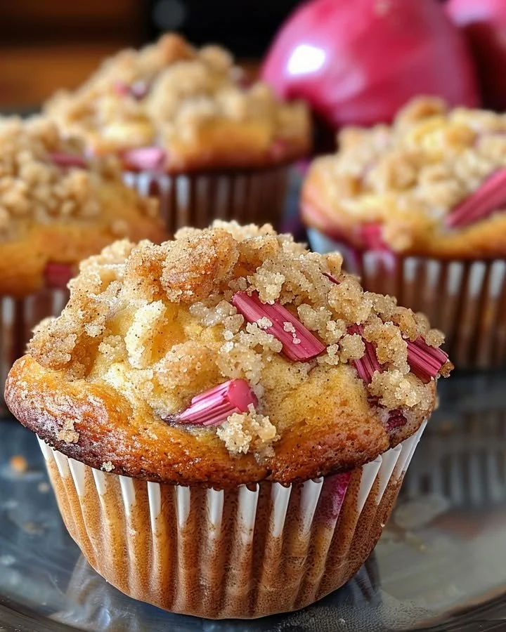 Soft and sweet rhubarb muffins with a cinnamon sugar topping on a cooling rack