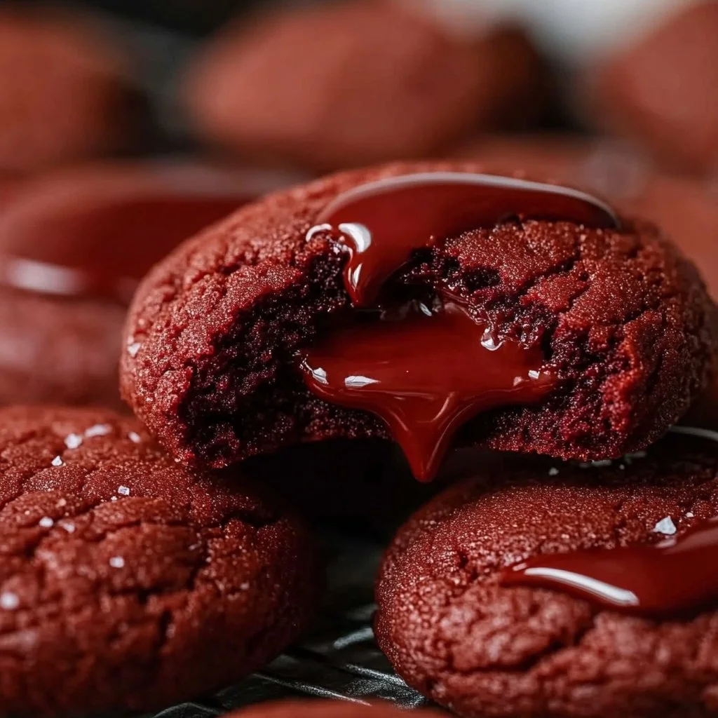 Soft red velvet cookies with Nutella filling on a white plate