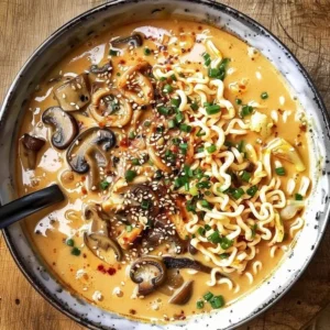 Bowl of Spicy Coconut Curry Ramen topped with fresh herbs and chili flakes